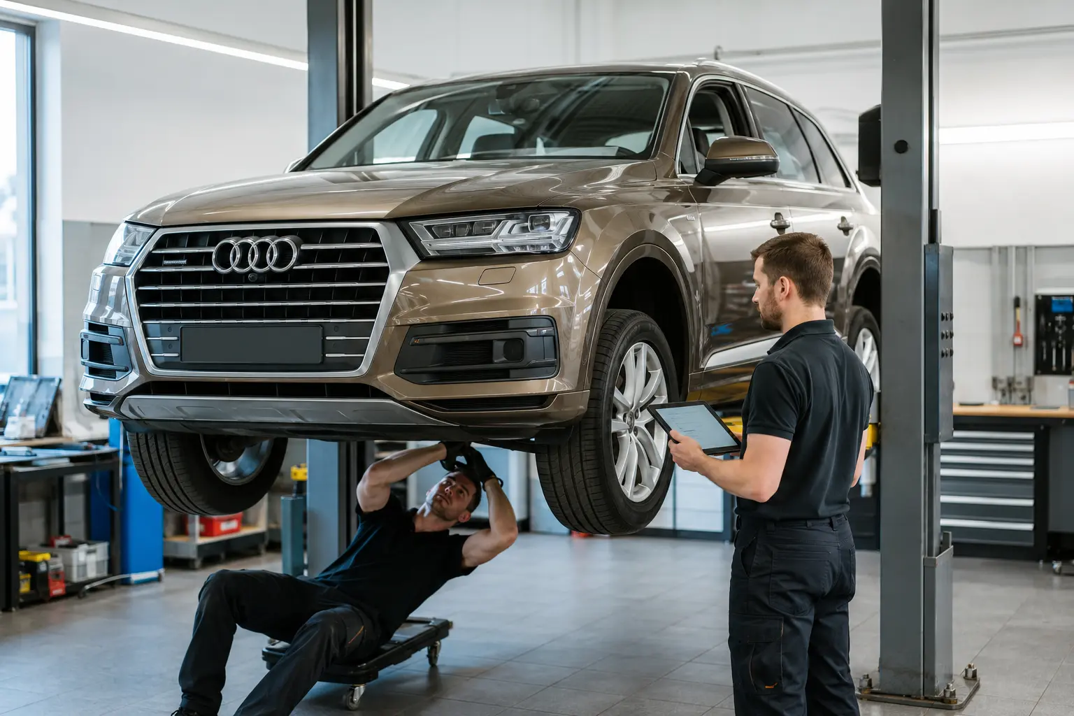 Bronze Audi Q7 with factory four-ring emblem undergoing scan and underbody pre-purchase inspection