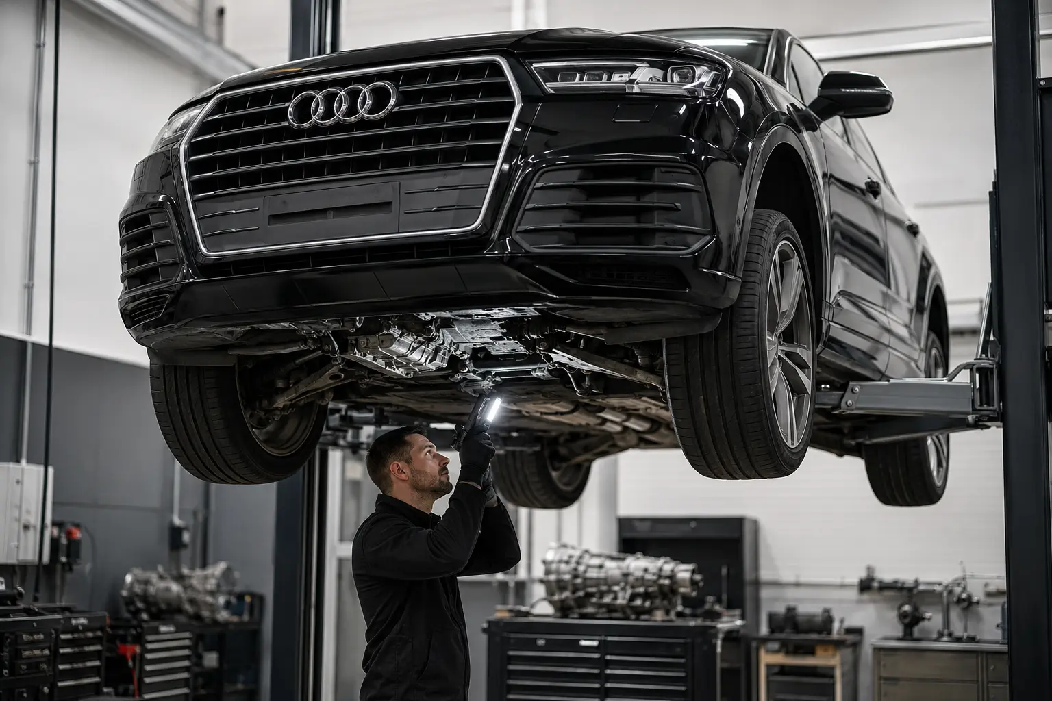 Black Audi Q7 with factory four-ring emblem raised for tiptronic and quattro underbody inspection