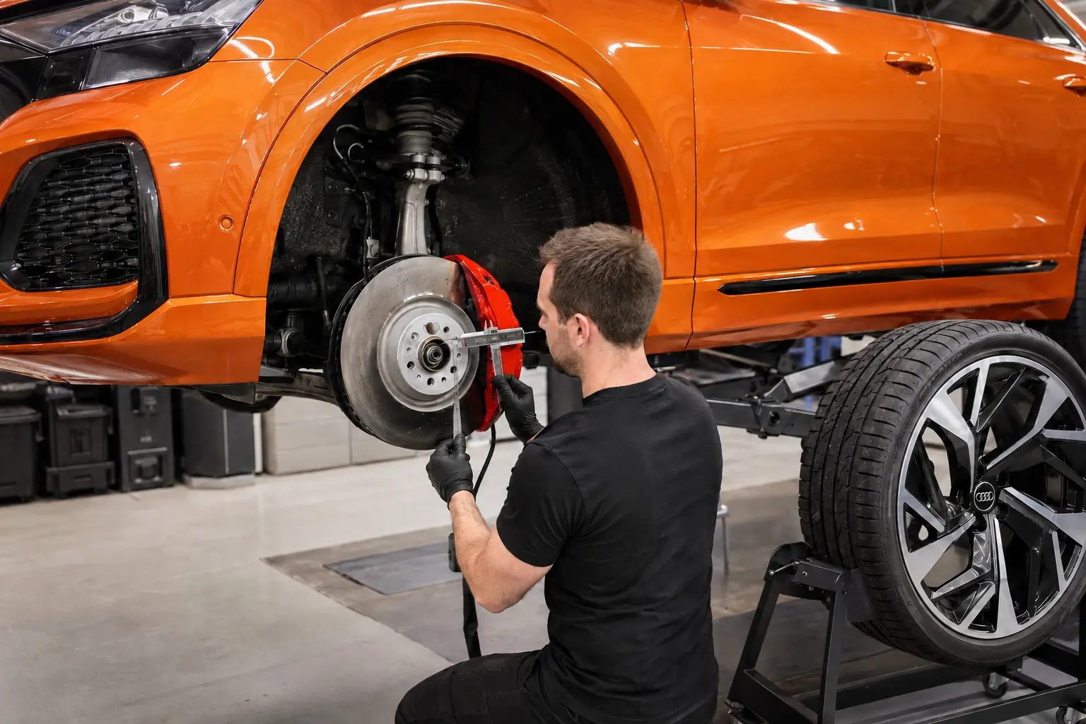 Dragon Orange Audi Q8 with the front wheel removed for brake disc and tyre inspection