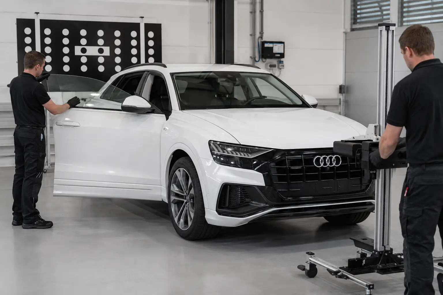 Glacier White Audi Q8 undergoing frameless-glass alignment and ADAS calibration