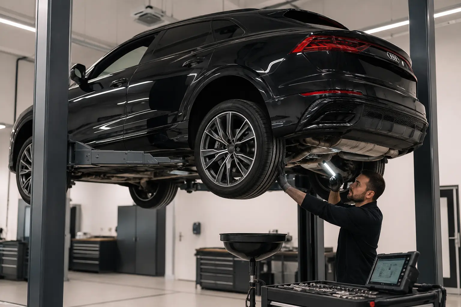 Mythos Black Audi Q8 on a lift for tiptronic and quattro underbody inspection