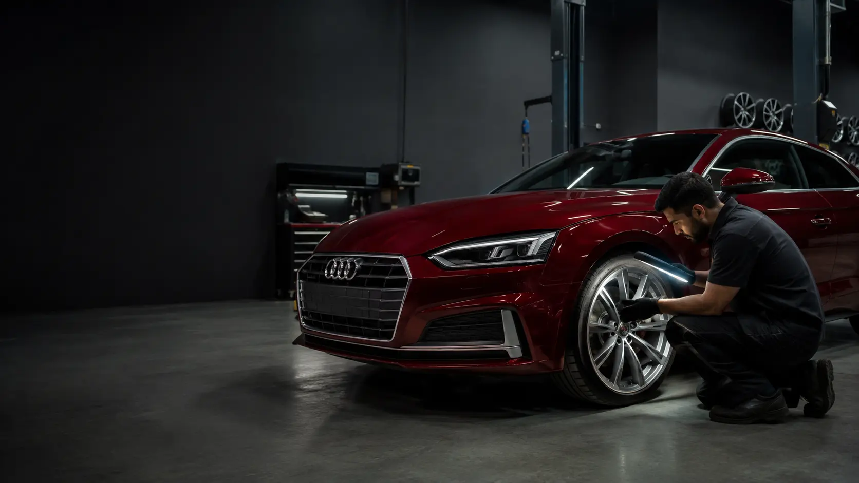 Technician inspecting the front wheel of a red Audi A5 in a Dubai workshop