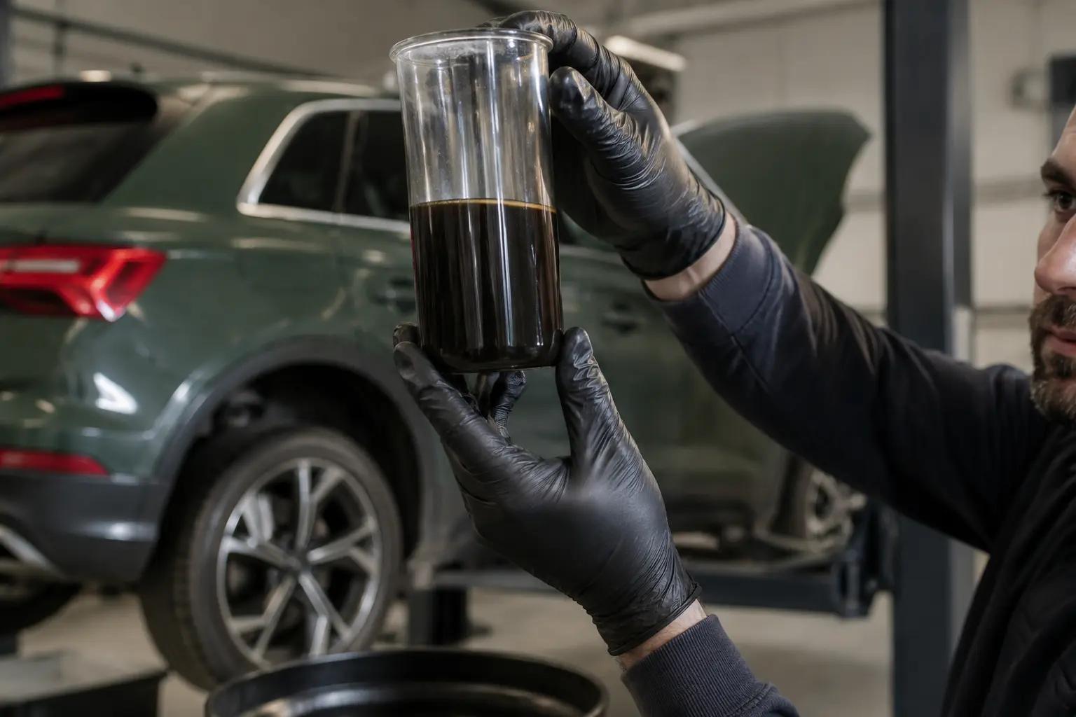 Technician checking Audi S tronic oil condition during diagnosis