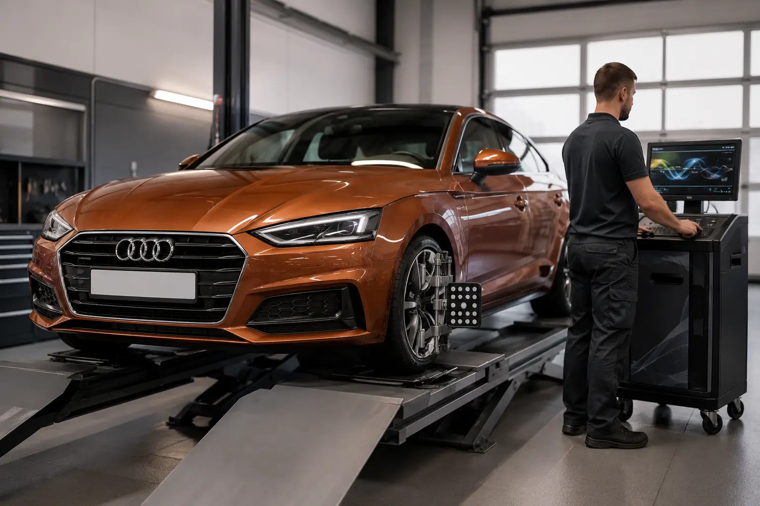 Technician completing steering-angle calibration and wheel alignment on an Audi