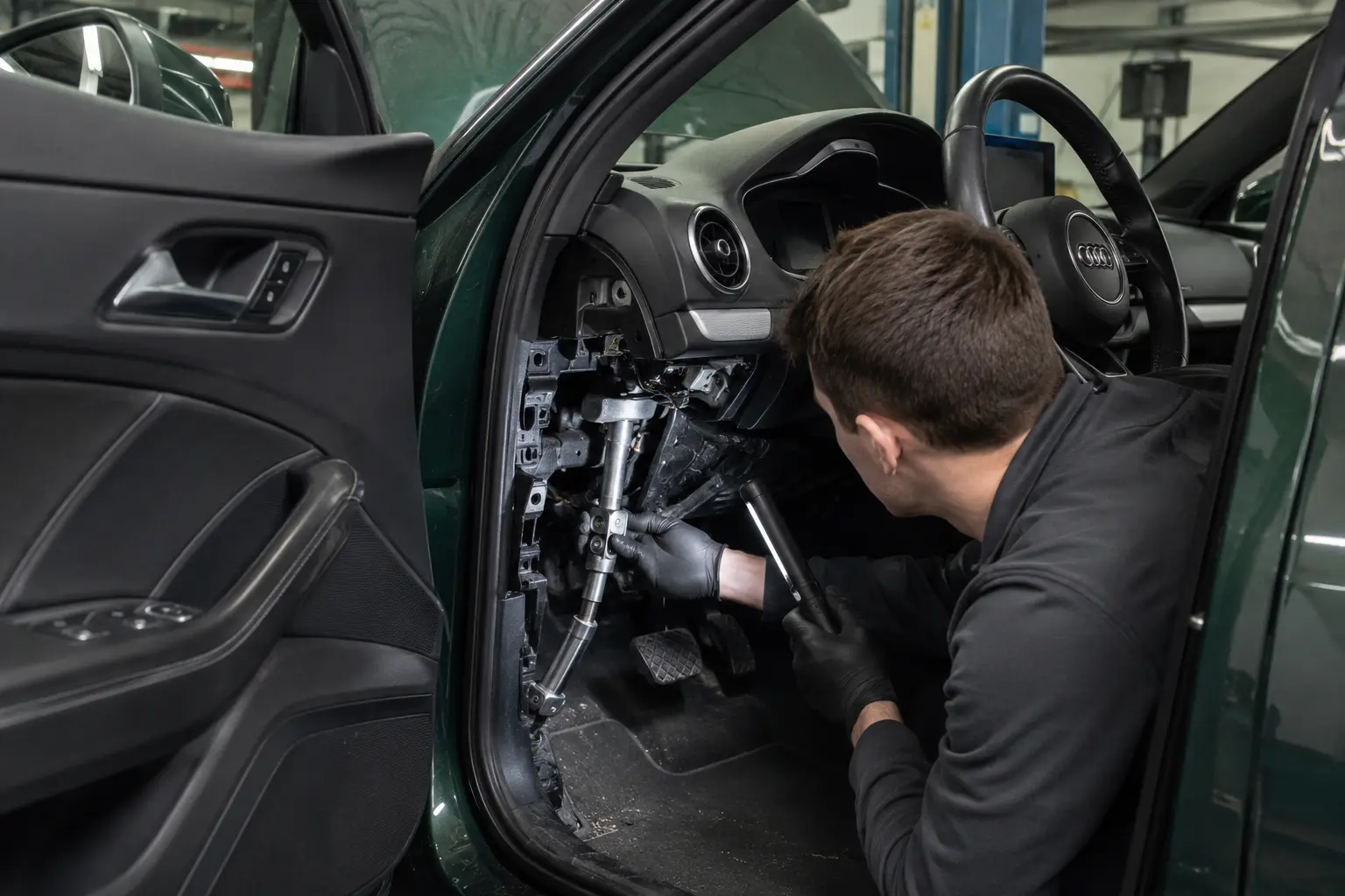 Technician inspecting an Audi steering column intermediate joint