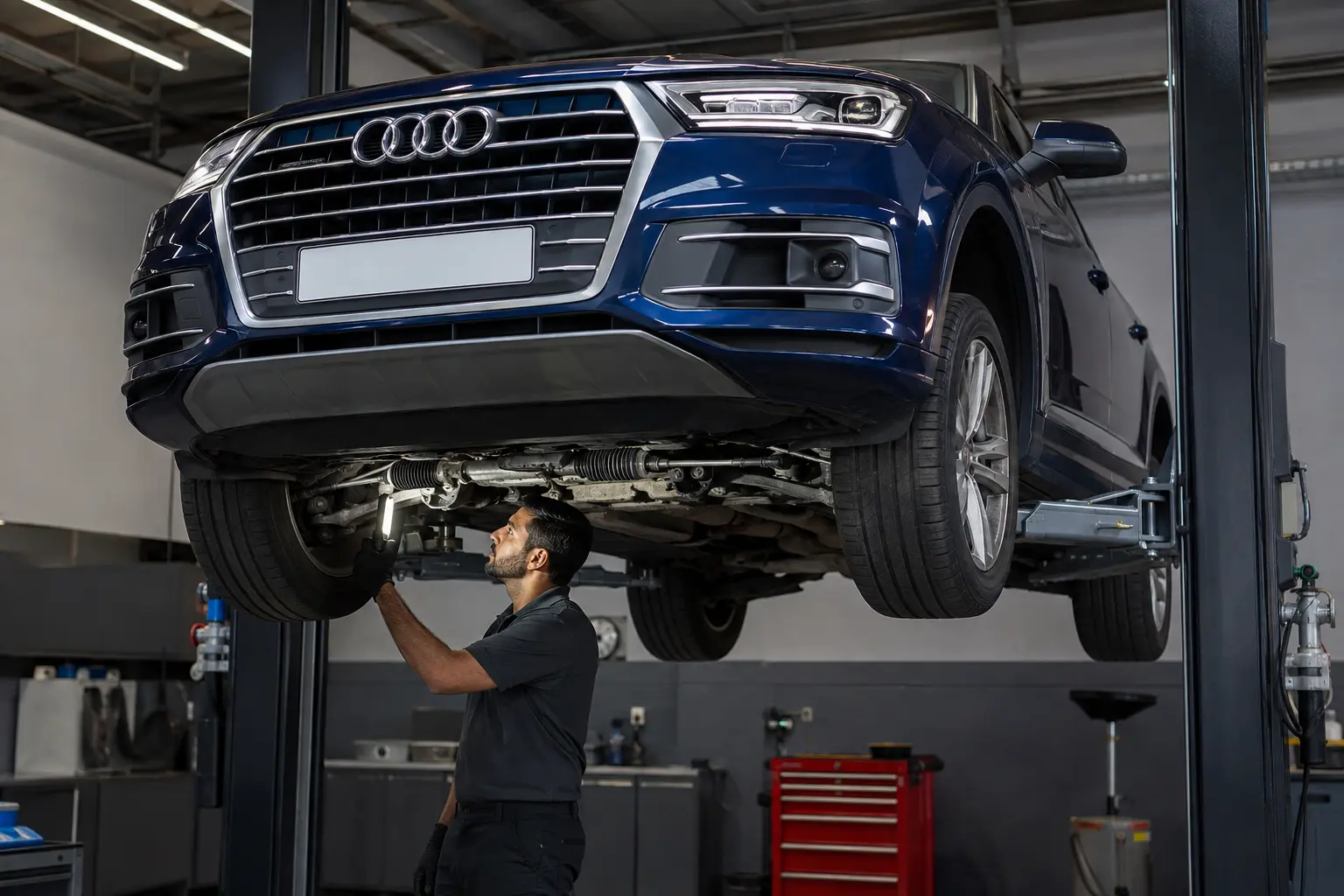 Technician inspecting an Audi steering rack and front subframe on a lift