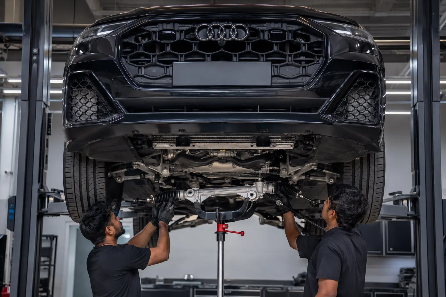 Technicians positioning an Audi steering rack into the front subframe