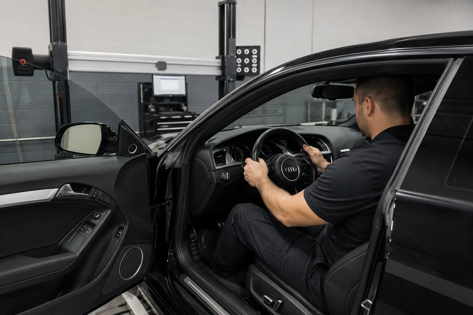 Technician centring an Audi steering wheel during alignment setup