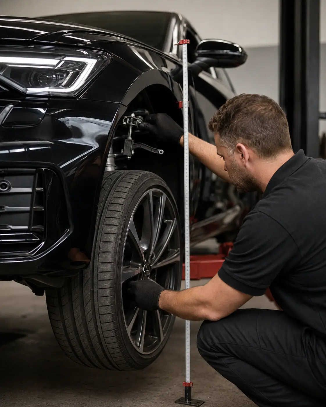 Audi suspension height sensor and ride height being inspected