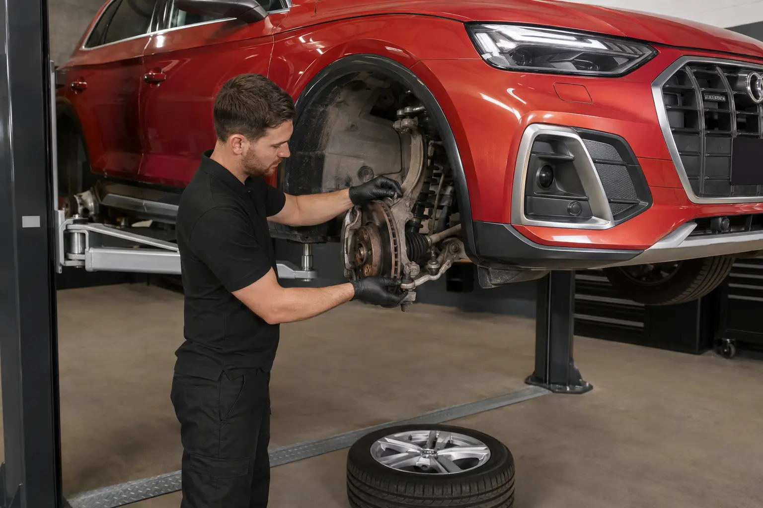 Technician checking an Audi tie rod end and steering rack boot
