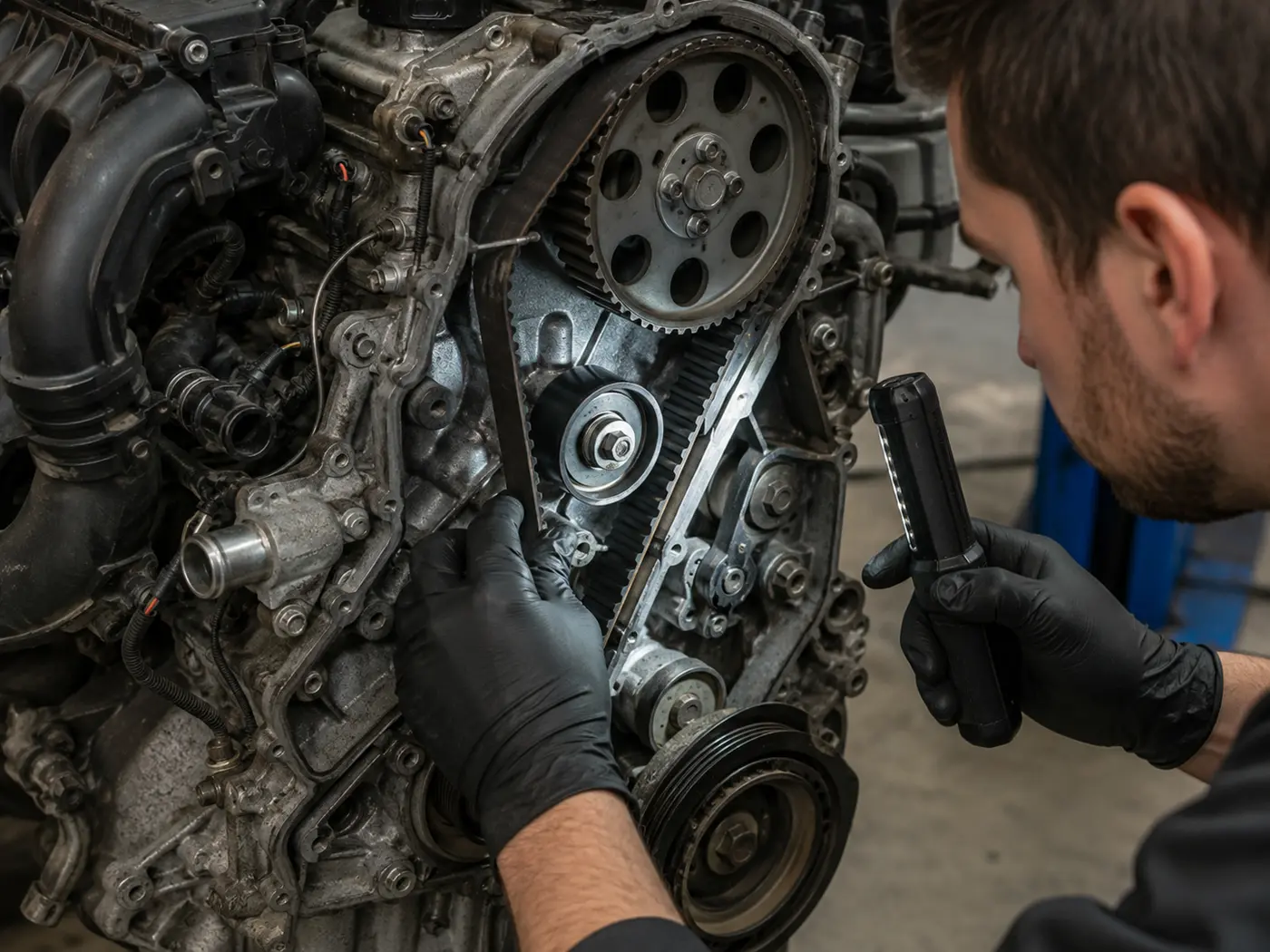 Technician inspecting an Audi timing belt path and surrounding components