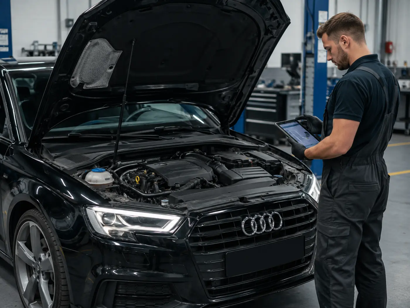 Technician checking live engine values after Audi timing belt replacement
