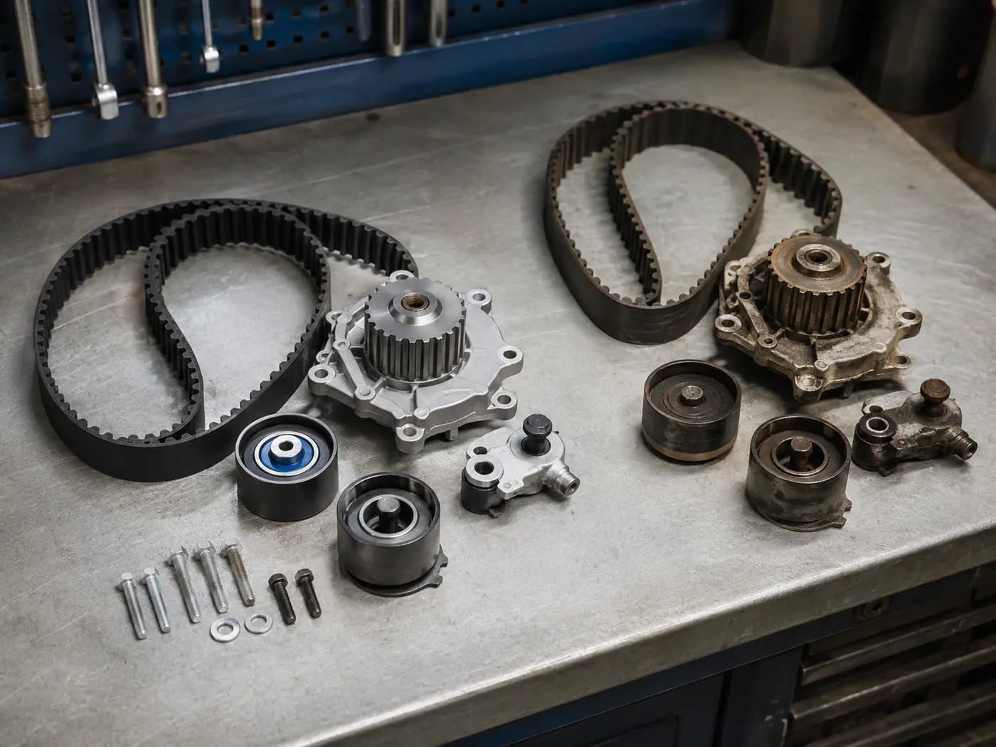 New timing belt, tensioner, idlers and water pump beside removed components