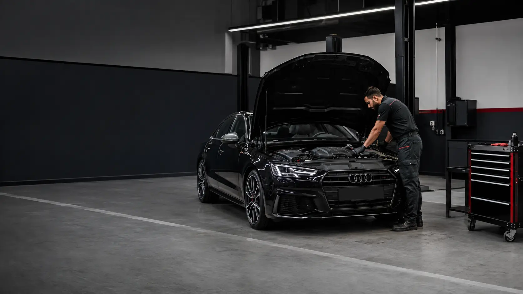 Technician inspecting the timing system on a black Audi in an independent Dubai workshop