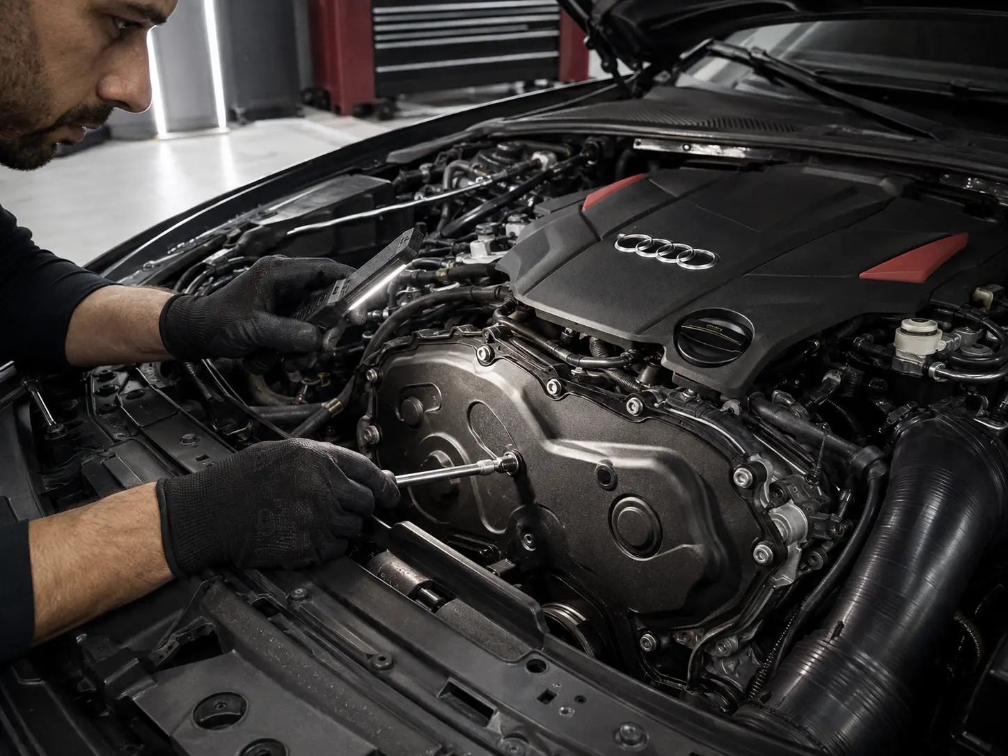 Technician inspecting an Audi engine timing-cover area with a task light