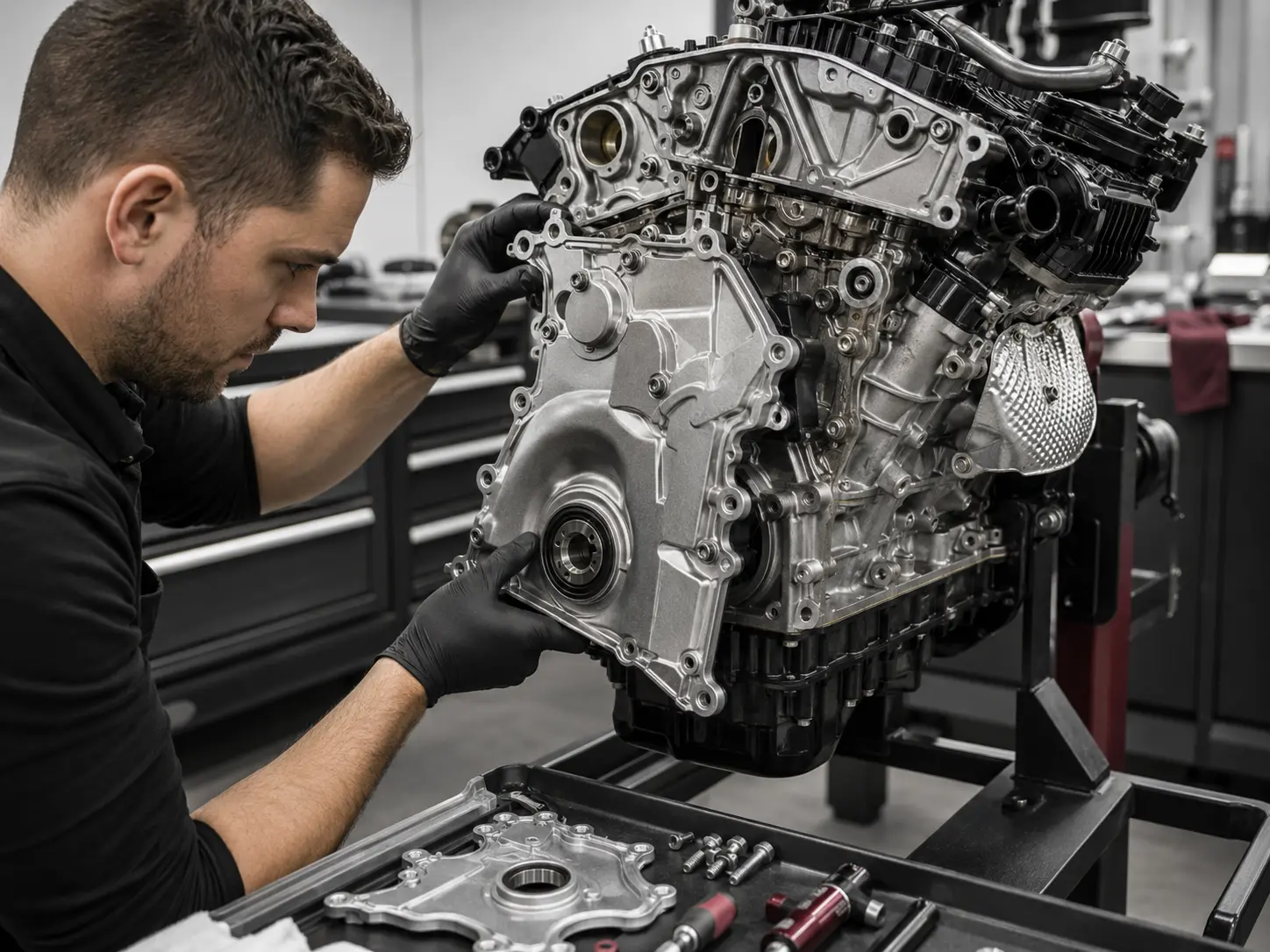 Technician performing careful timing-cover reassembly on an Audi engine