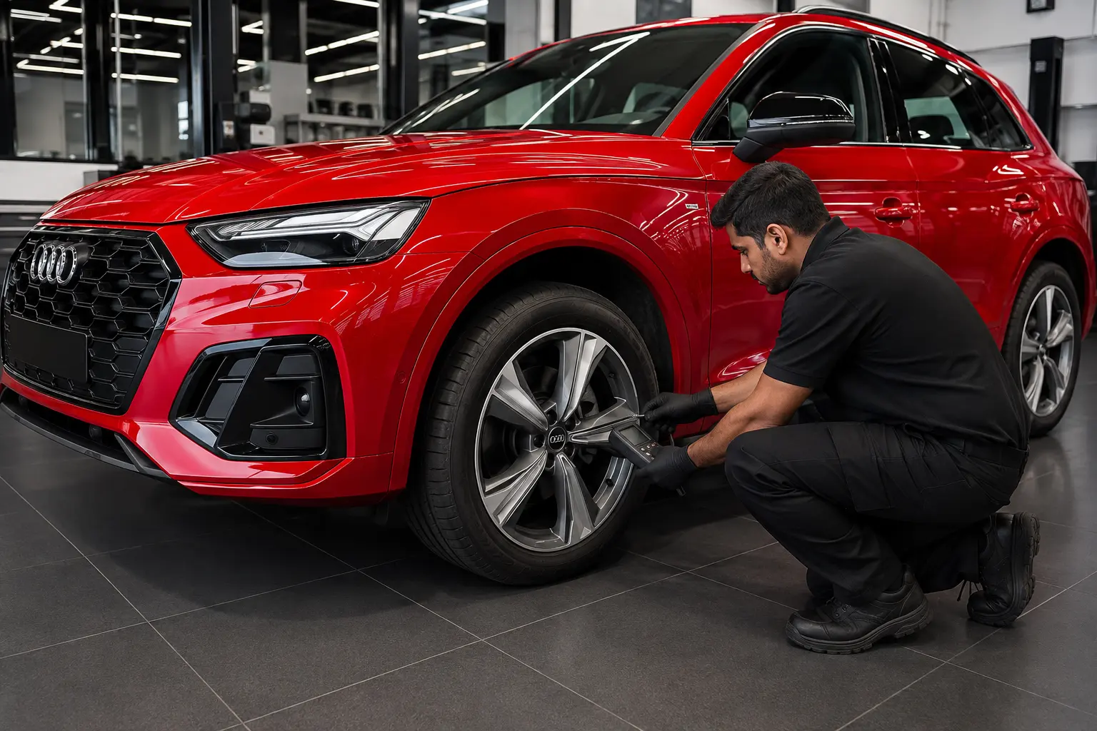 Technician diagnosing an Audi Q5 tyre-pressure sensor