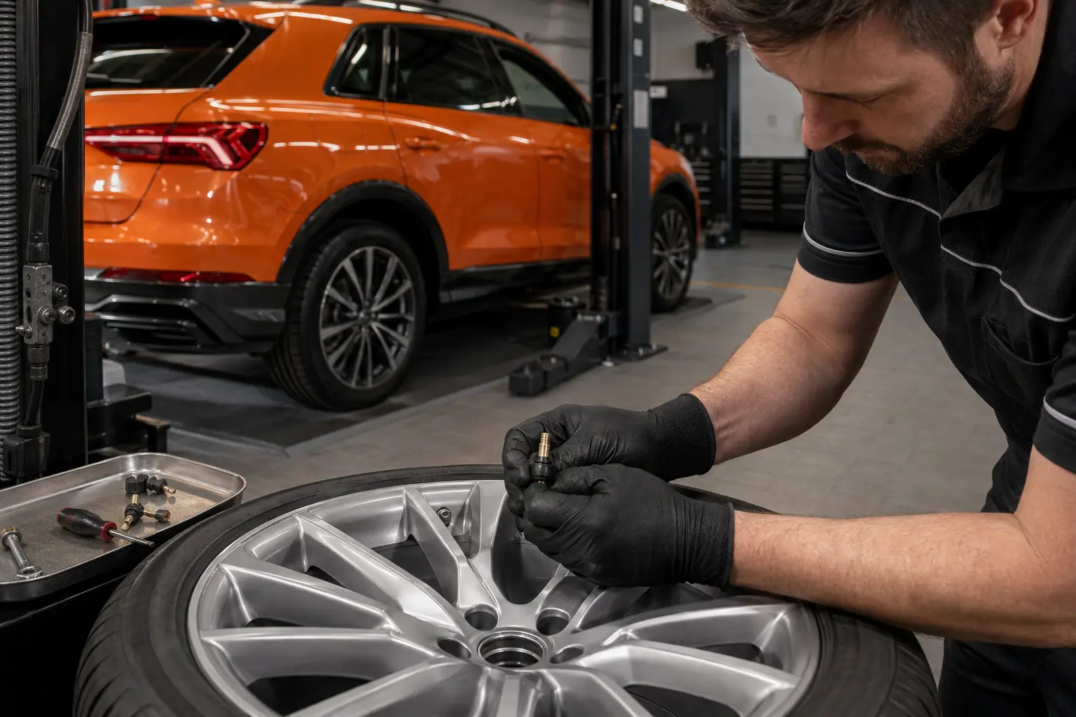 Audi TPMS valve and seal replacement on a wheel