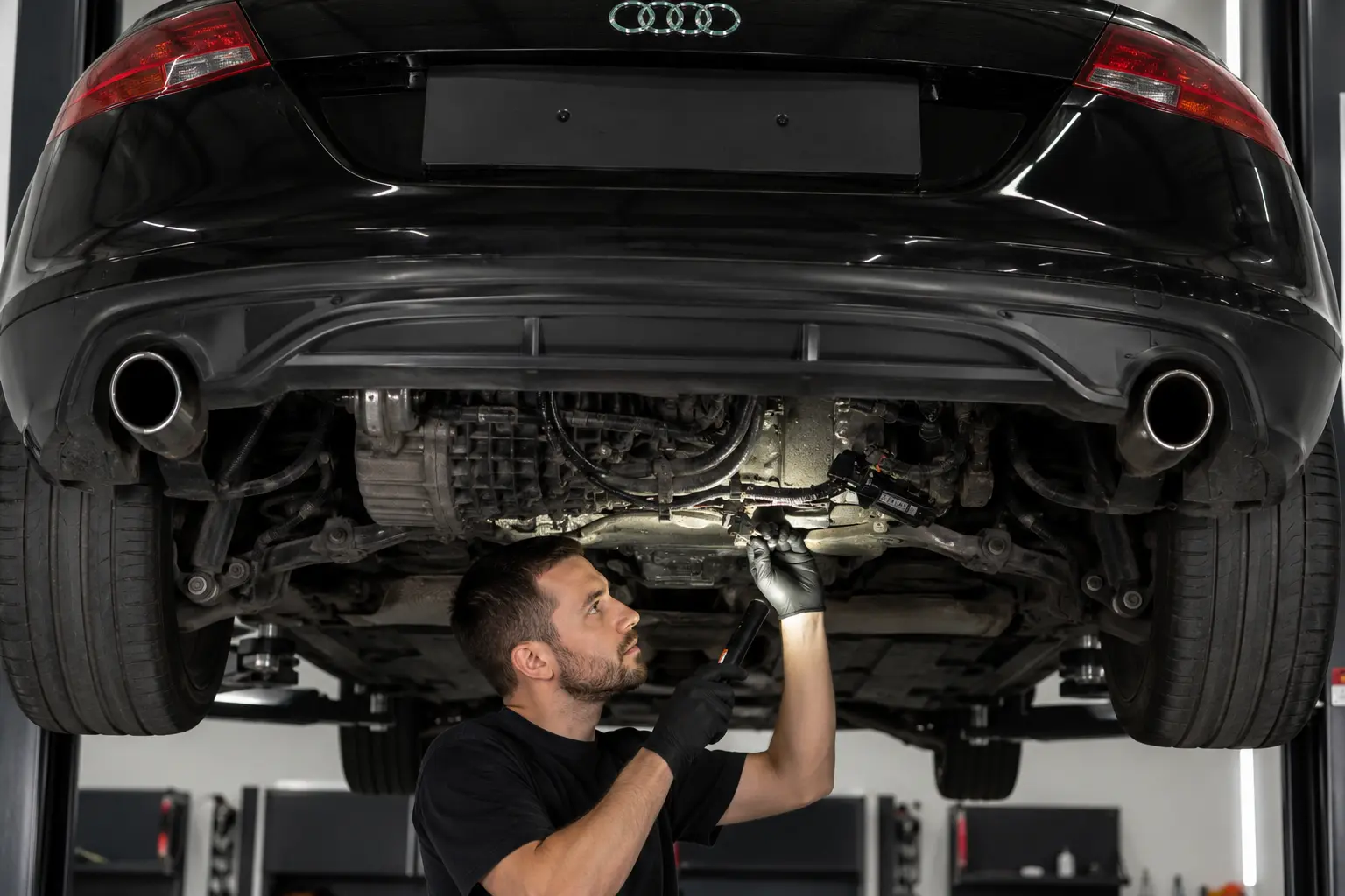 Technician inspecting Audi transmission wiring and connectors