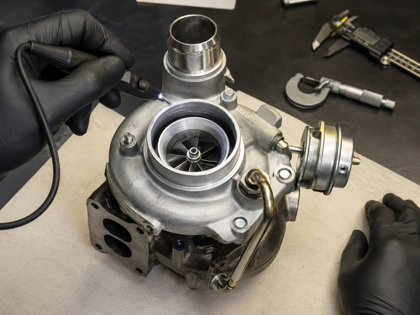 Removed turbocharger inspected on a clean workshop bench