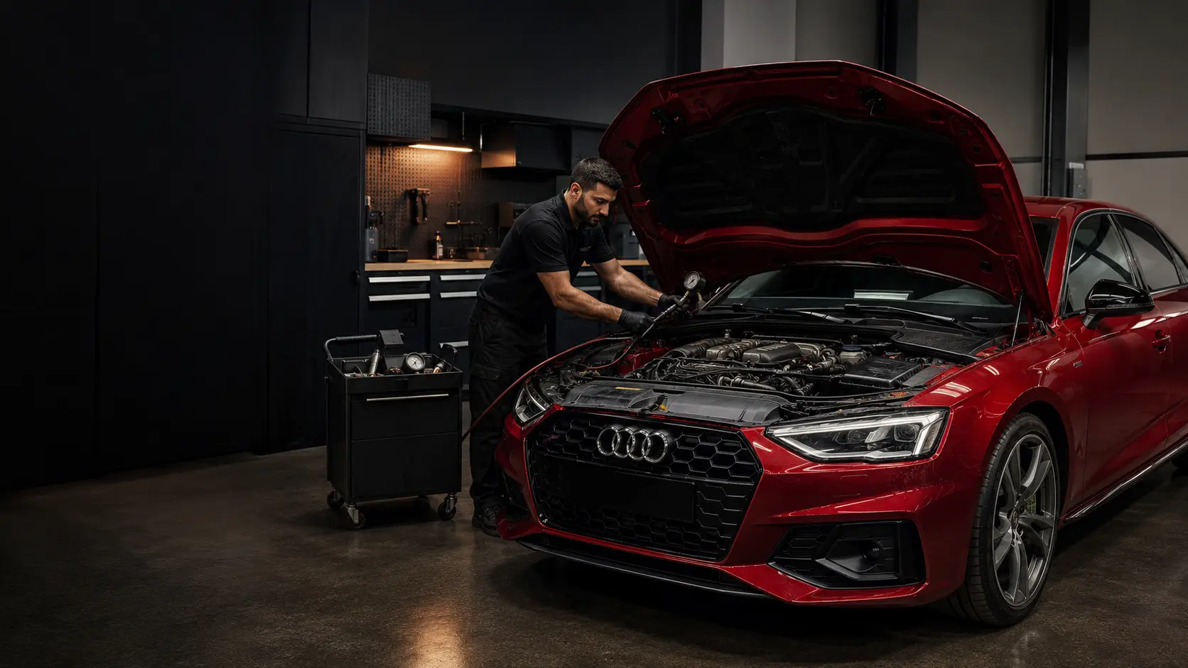 Technician diagnosing the boost system on a red Audi in an independent Dubai workshop