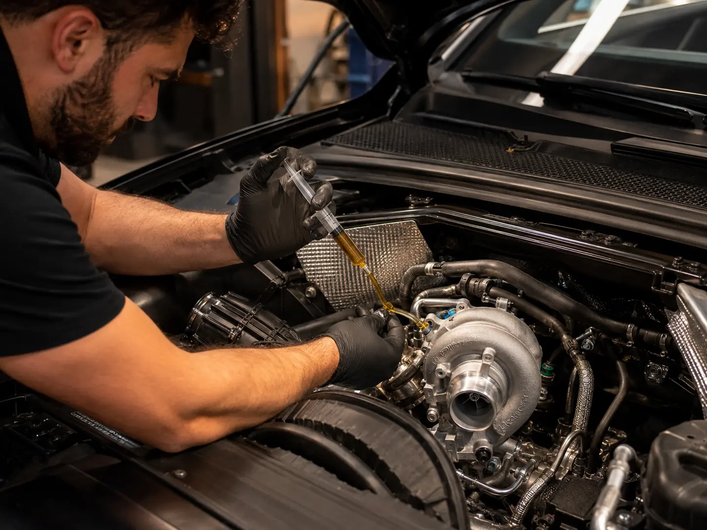 Technician priming a newly installed Audi turbocharger before first start