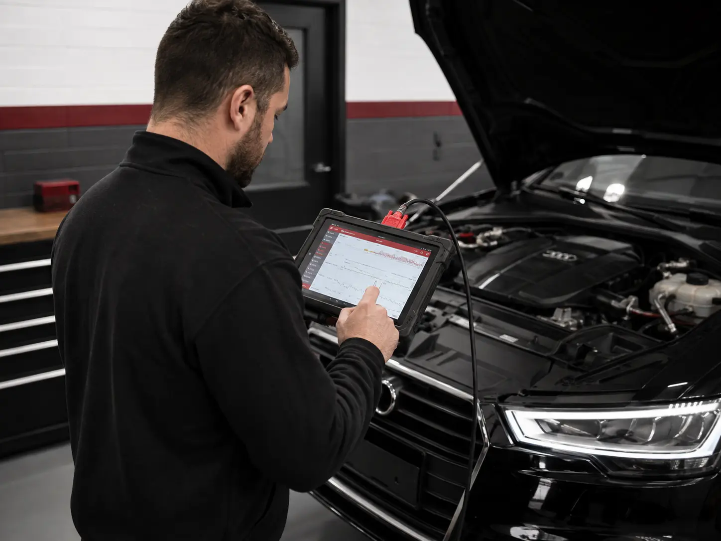 Technician reviewing Audi boost live data beside a black car with the bonnet open