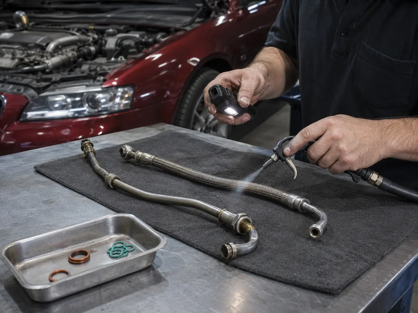 Technician checking turbocharger oil-feed and return lines before installation