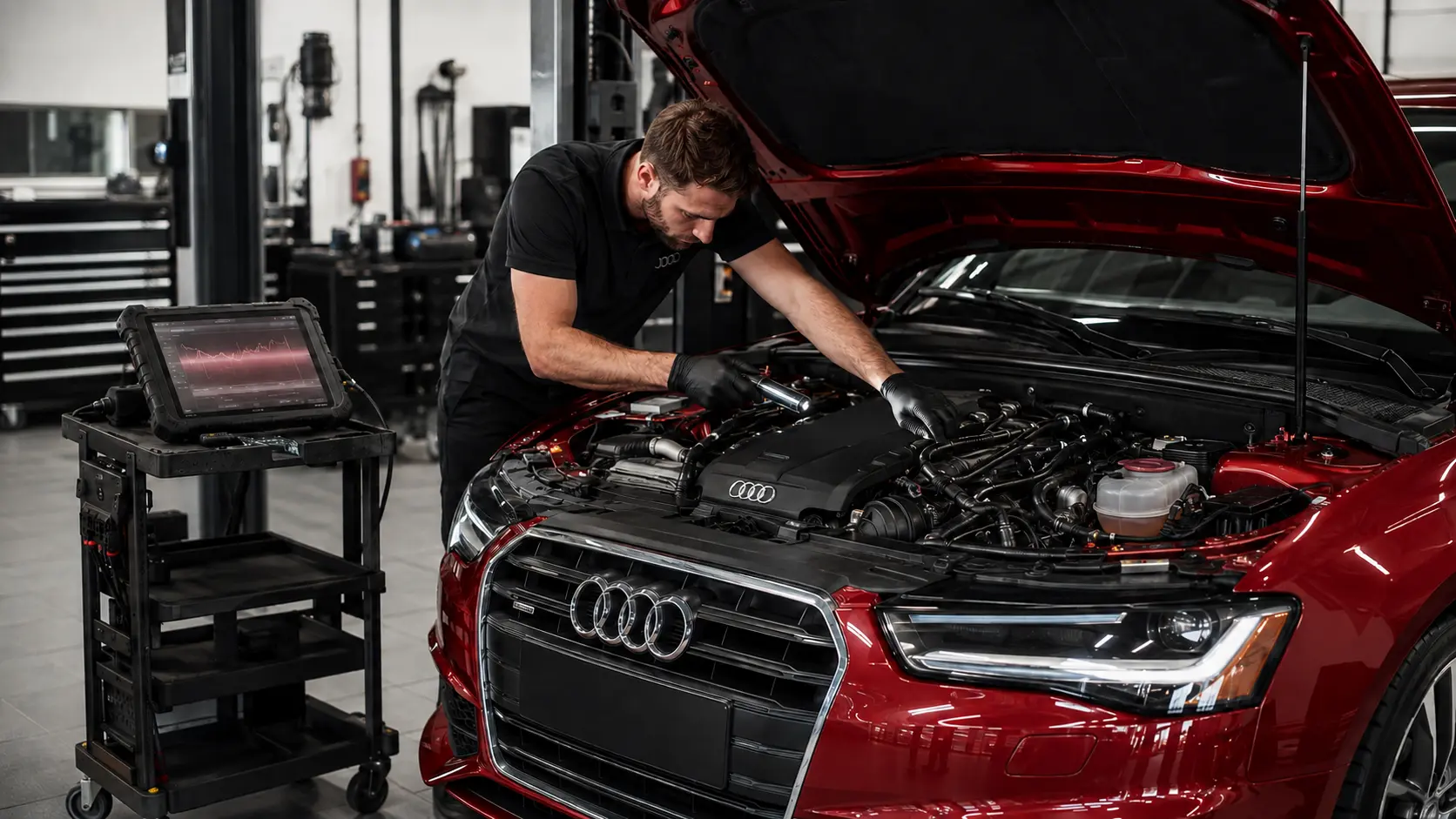 Final boost-system and engine-bay verification on a repaired red Audi