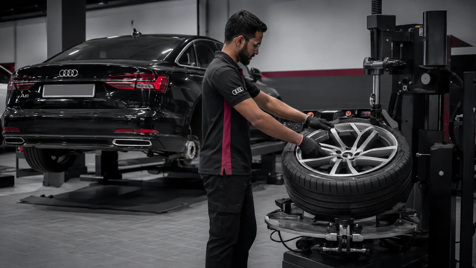 Technician mounting a low-profile Audi tyre on a protected alloy wheel