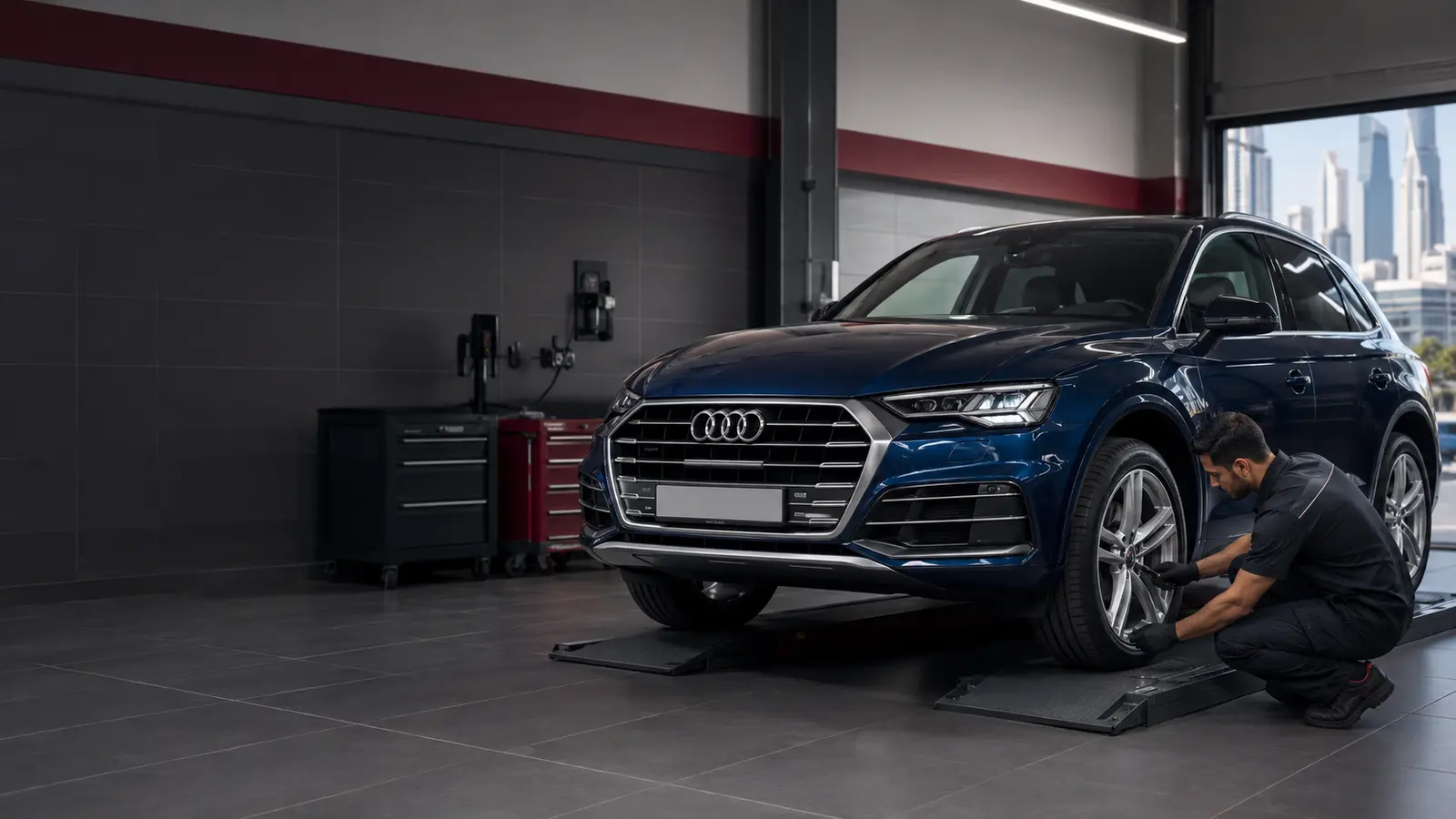 Technician inspecting an Audi Q5 tyre in a Dubai workshop