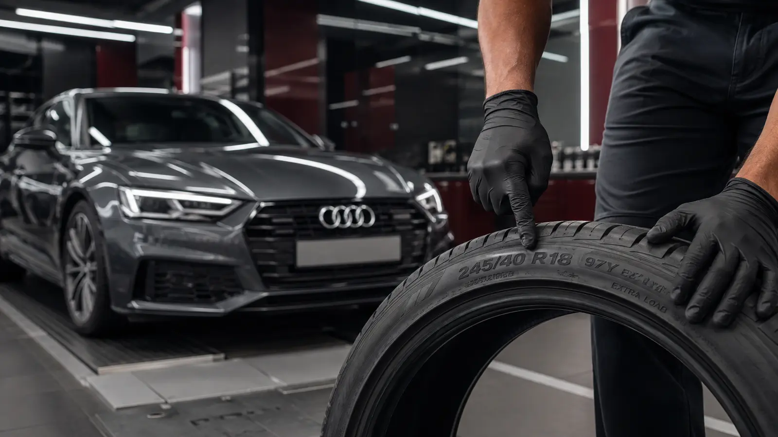 Technician reading the size and rating on an Audi tyre sidewall