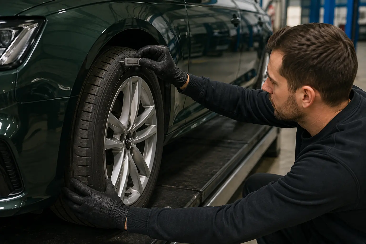 Technician measuring tyre tread across an Audi wheel