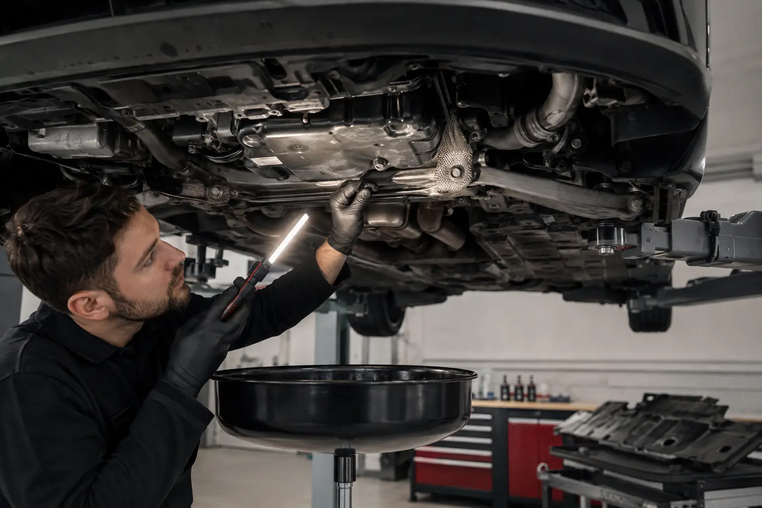 Technician inspecting the sump and drain area beneath a raised Audi