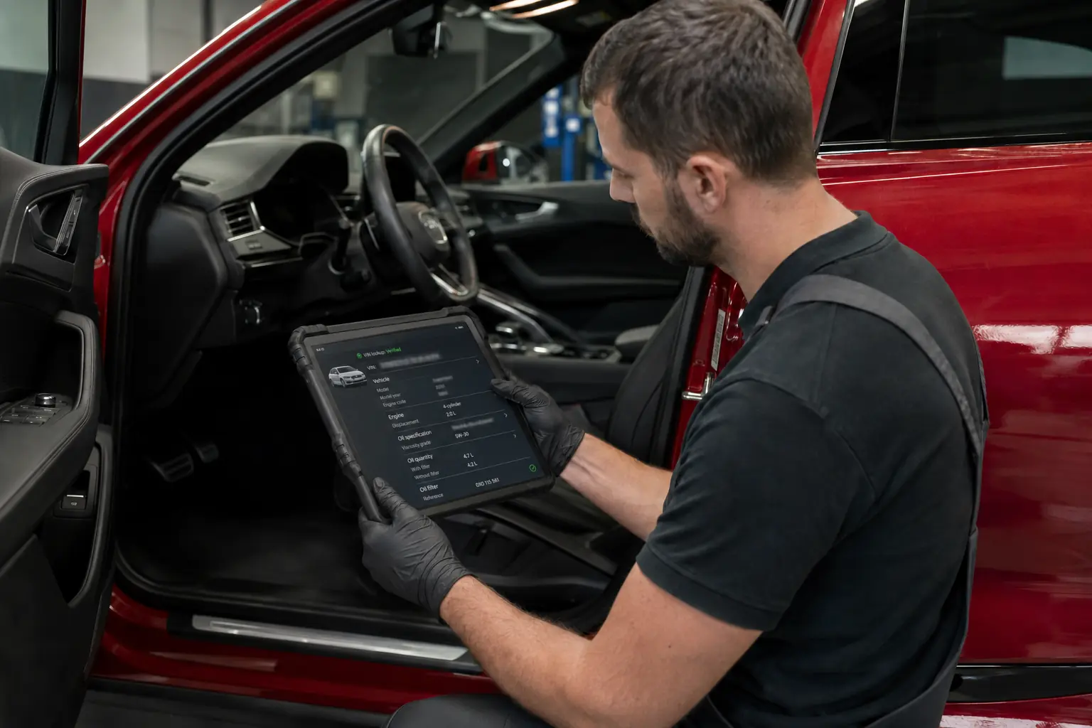 Technician checking vehicle data and oil specification on a workshop tablet