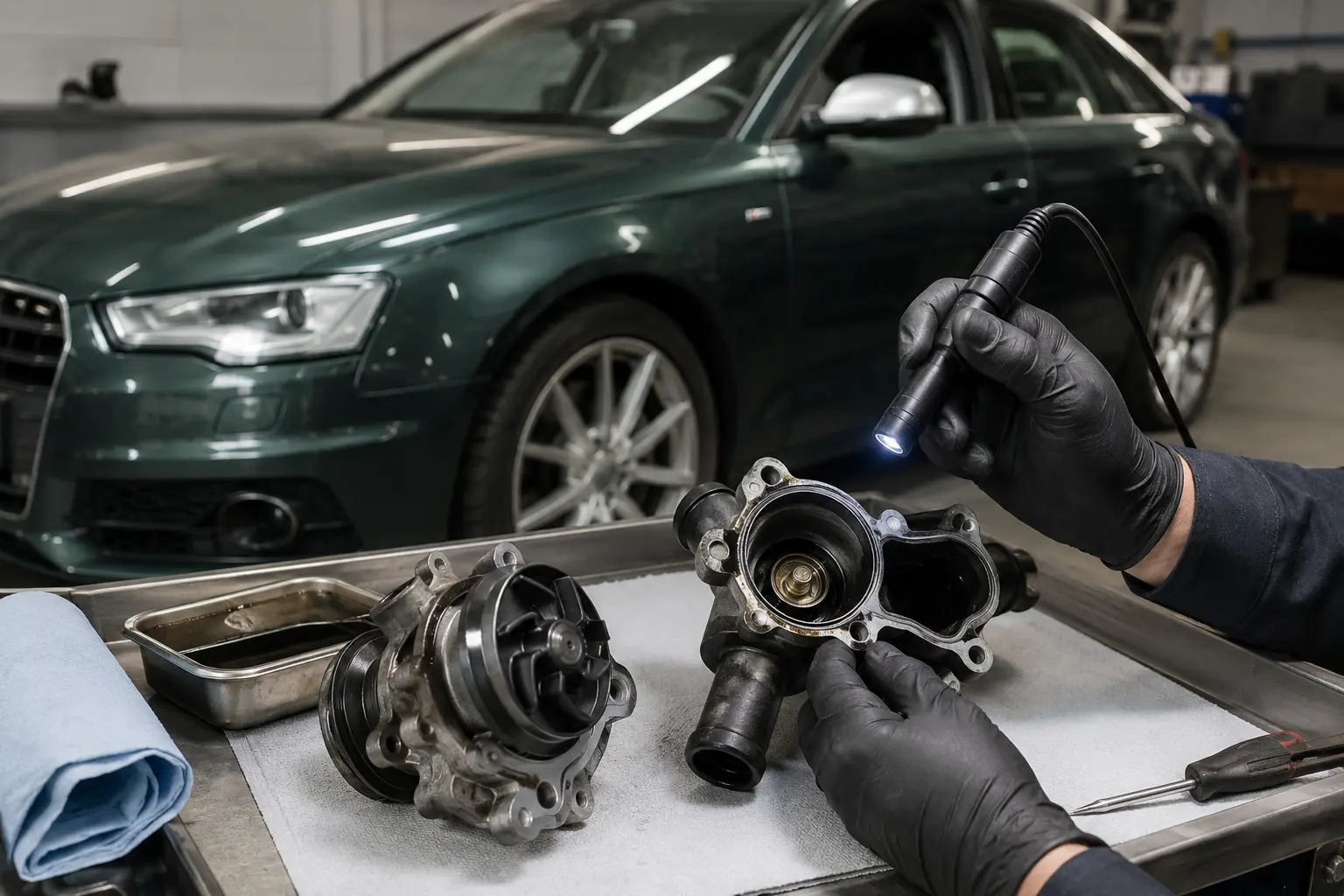 Audi water pump and thermostat inspection on a workshop bench