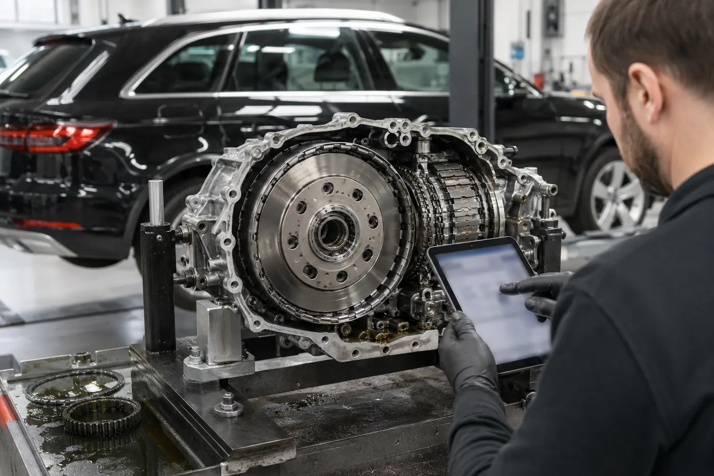 Wet dual-clutch transmission assembly inspected beside an Audi