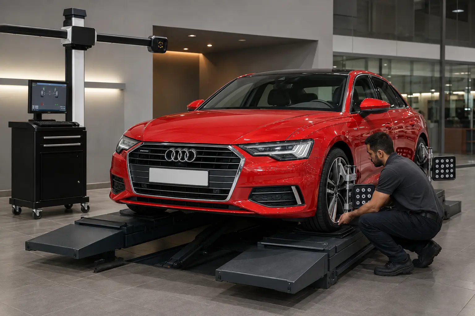 Audi wheel alignment in Dubai with a red Audi on the alignment rack