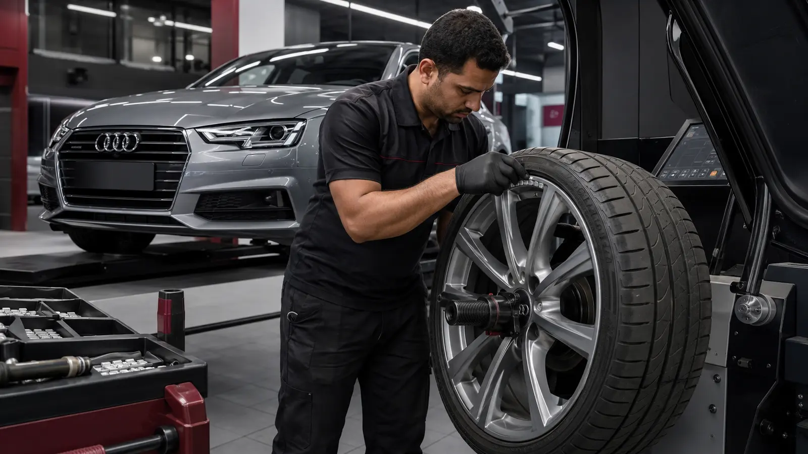 Technician balancing an Audi wheel and tyre