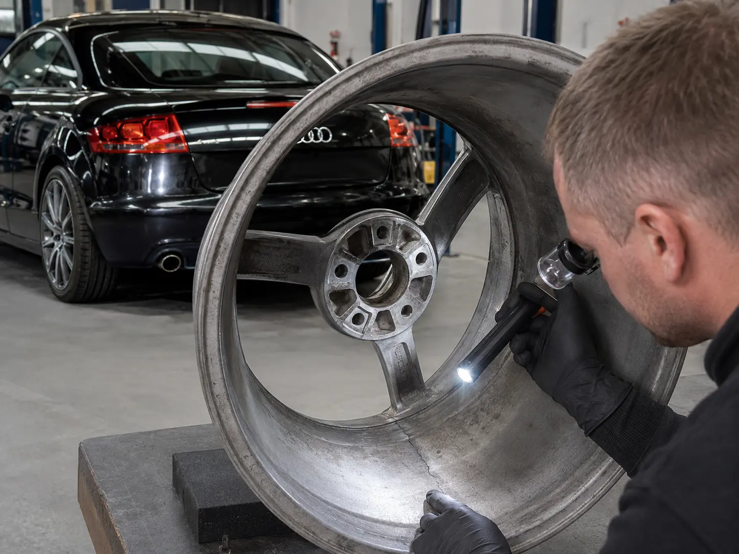 Technician inspecting the inner barrel of an Audi alloy wheel for cracks