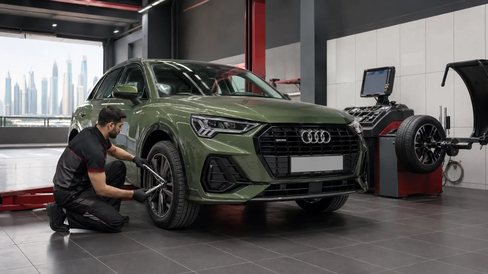 Technician completing an Audi wheel and tyre installation check