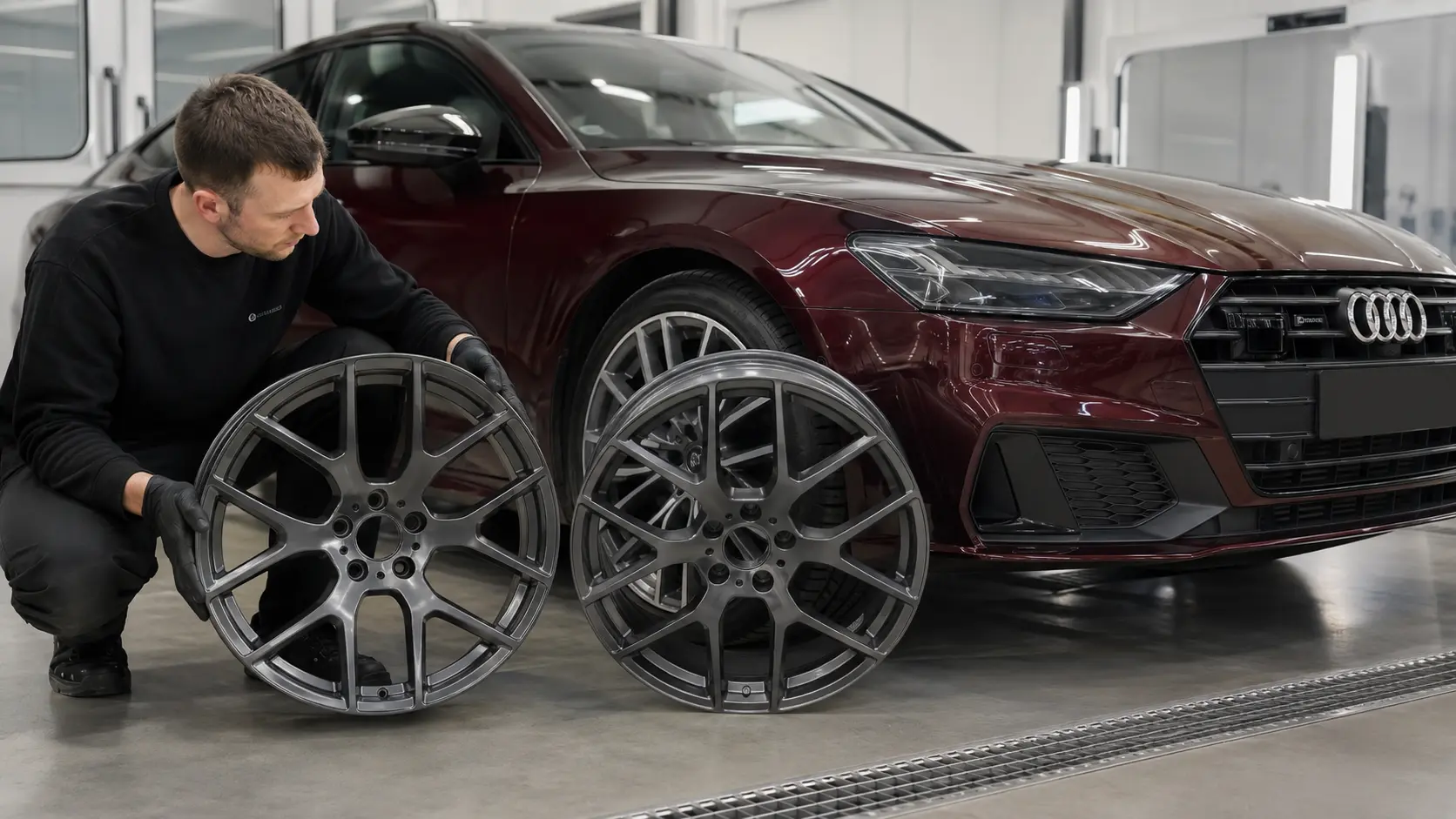 Technician comparing two Audi alloy wheel finishes before refitting