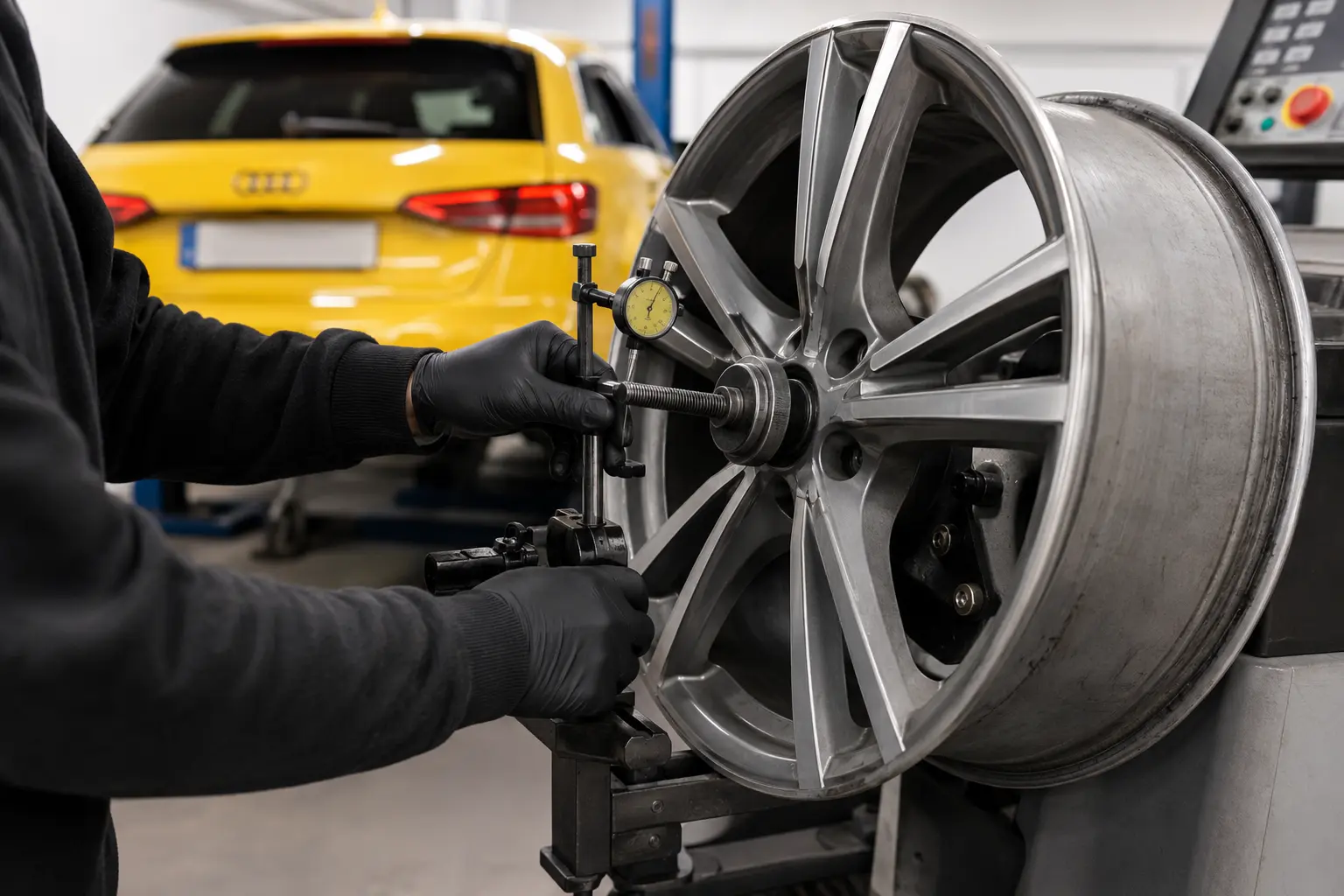 Technician measuring radial runout on an Audi alloy wheel