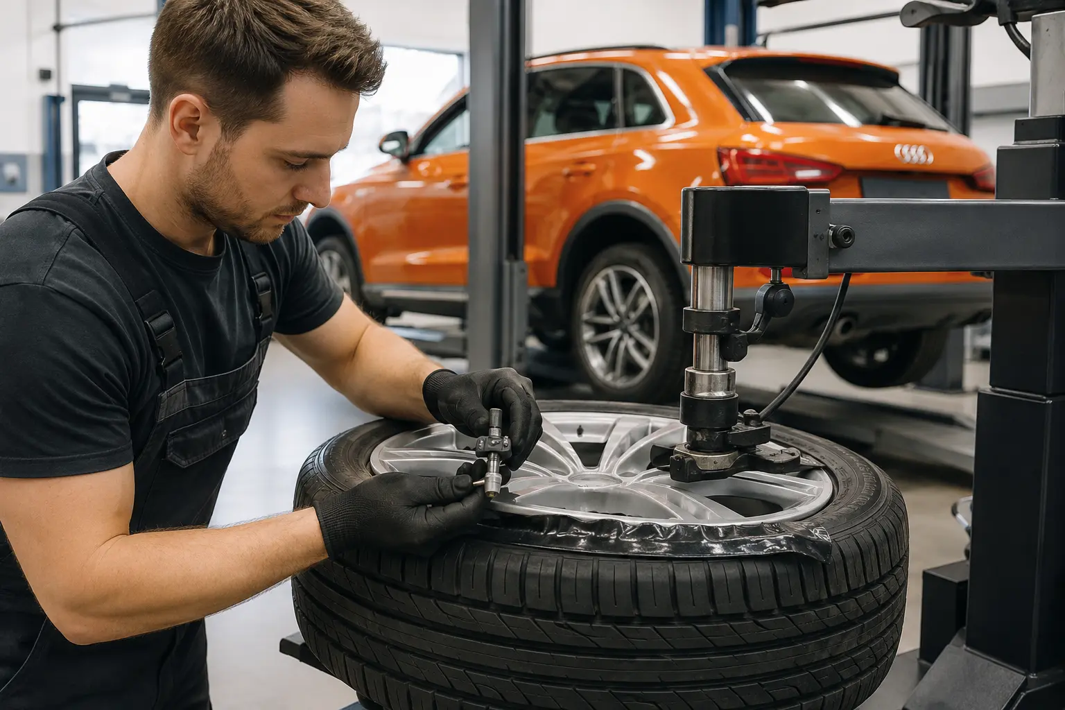 Technician handling an Audi TPMS sensor during tyre removal