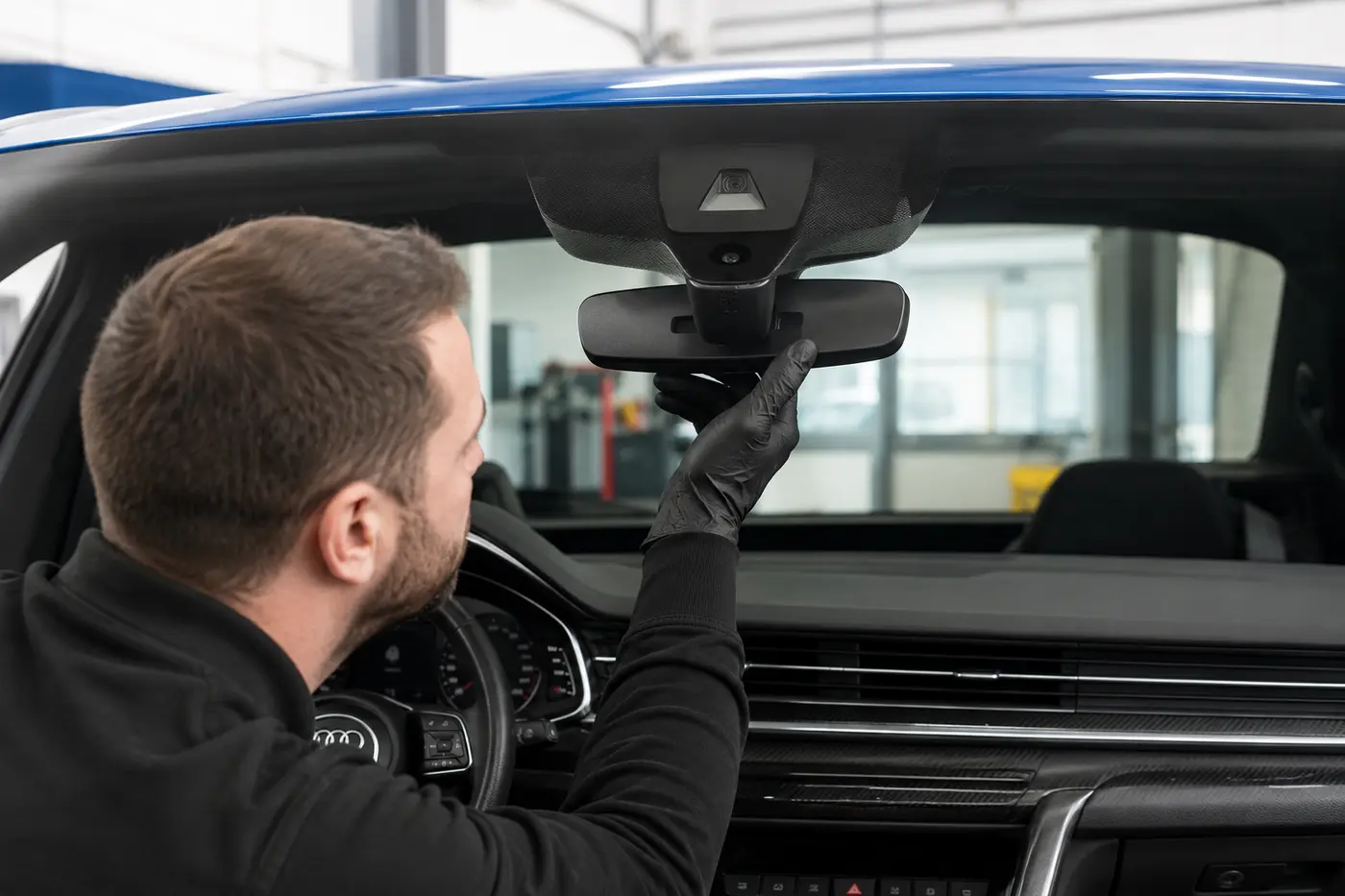 Inspection of an Audi windshield camera, mirror and rain-sensor area