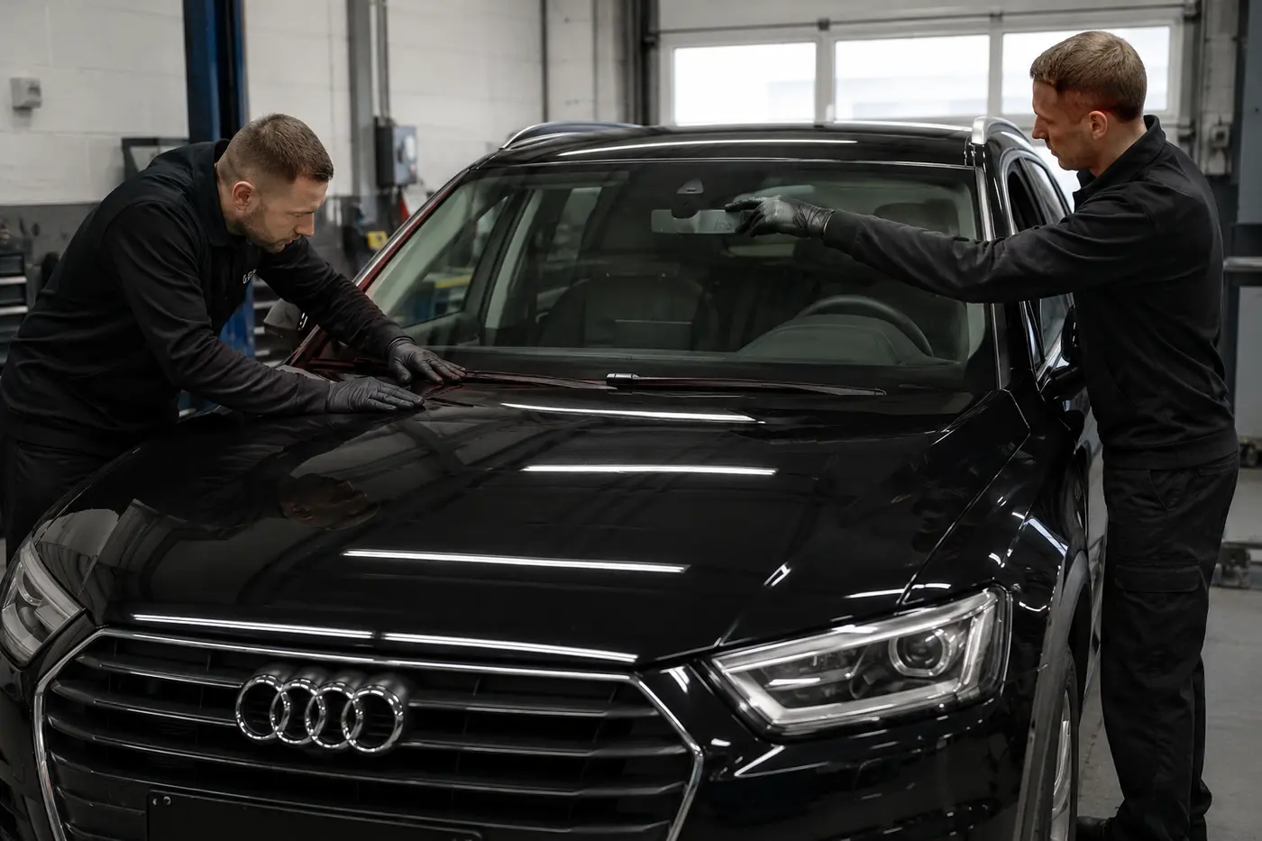 Final Audi windshield position, trim and wiper inspection