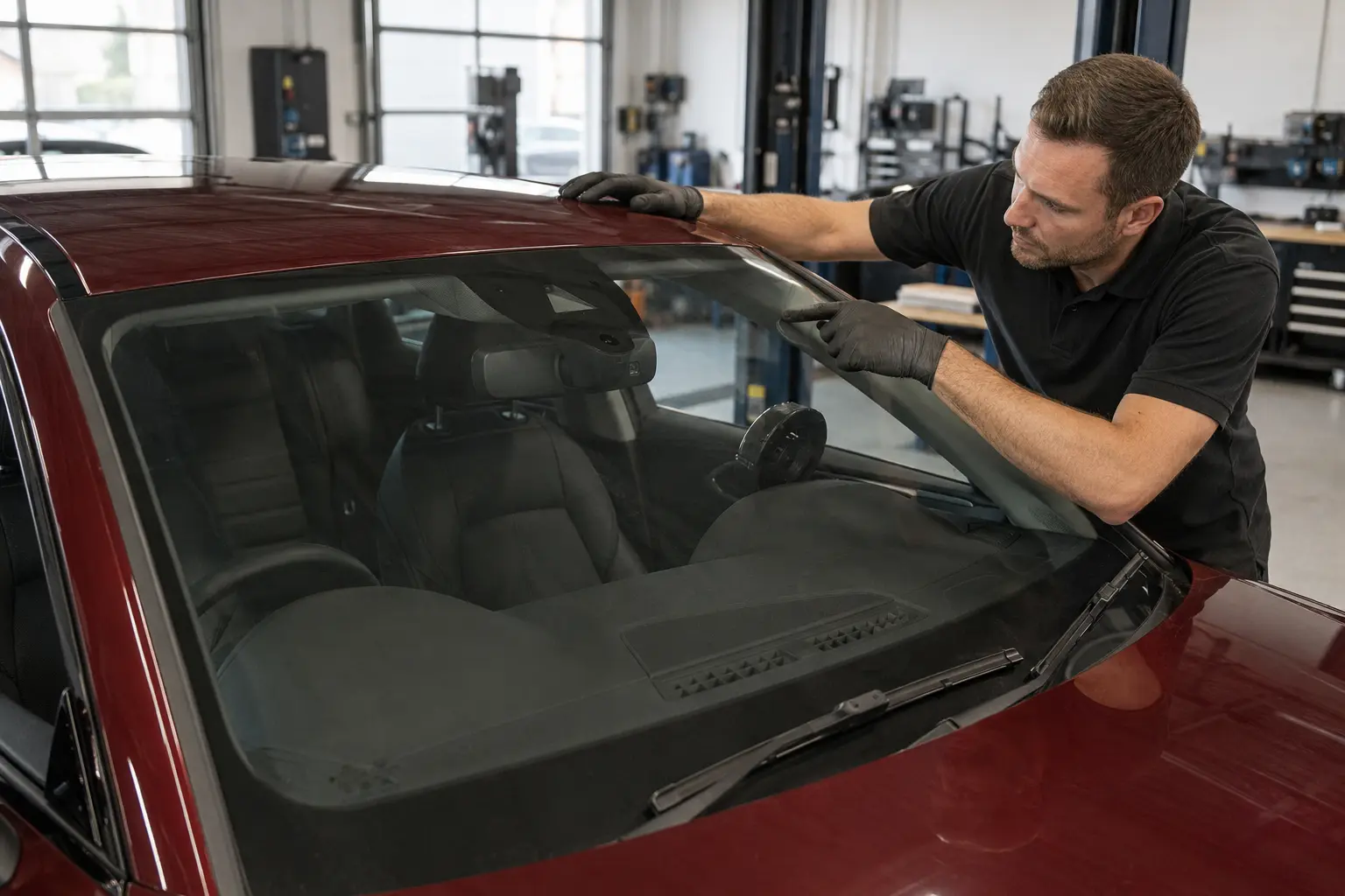Technician identifying Audi windshield markings and the mirror-camera area before work