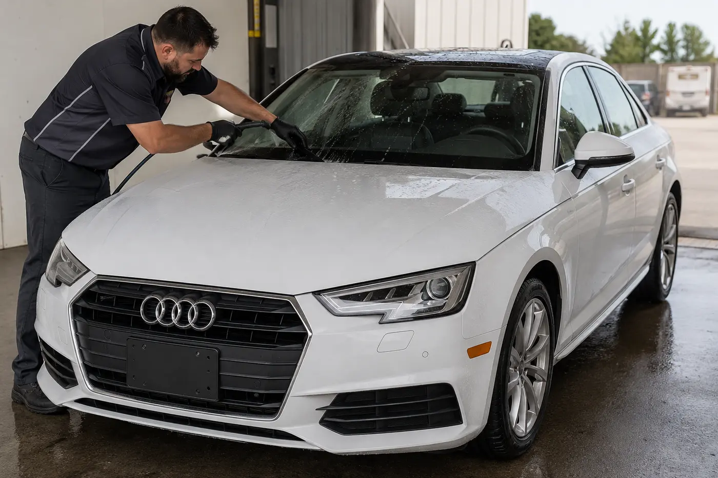 Controlled Audi windshield cowl and water-path leak check