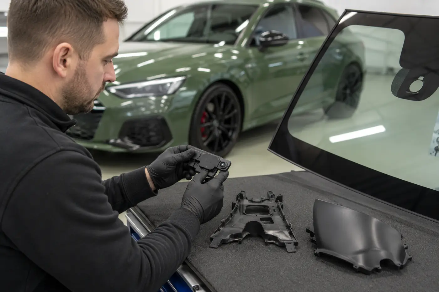 Audi windshield sensor and mirror-cover parts checked before fitting