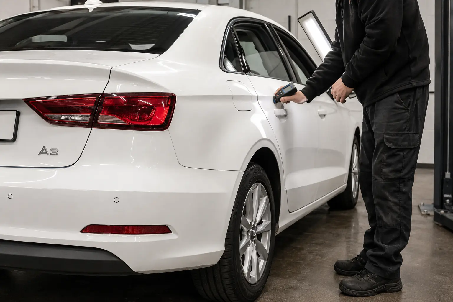White Audi A3 sedan receiving a paint-depth check before purchase